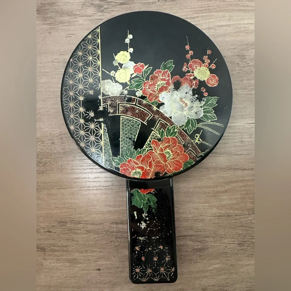 Vintage‎ Otagiri Nesting Floral Hand Mirror Handles Black Lacquer 6” Diameter.